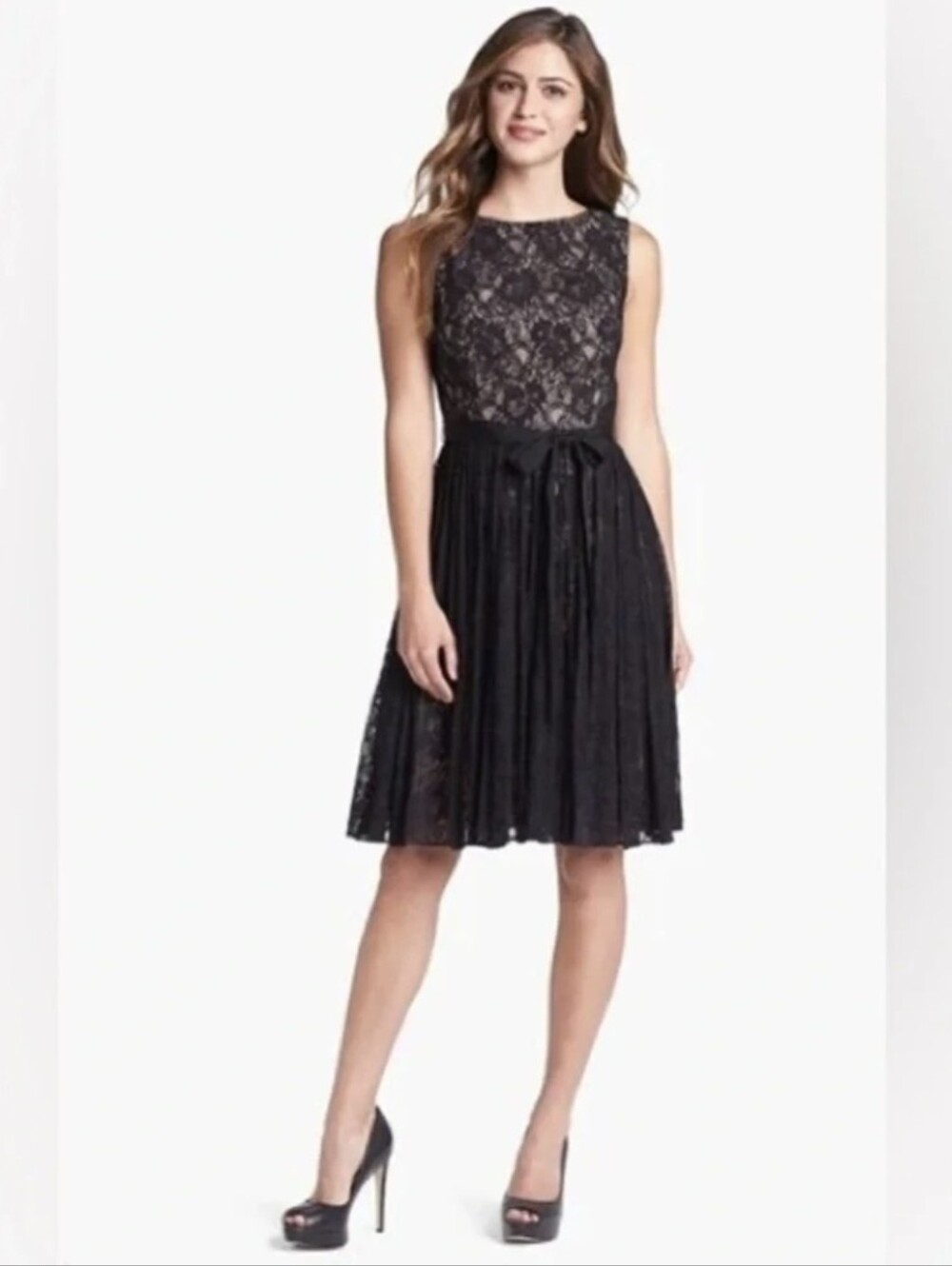 Adrianna Papell Black Lace Nude Lined Pleated Fit Flare Cocktail Dress 6